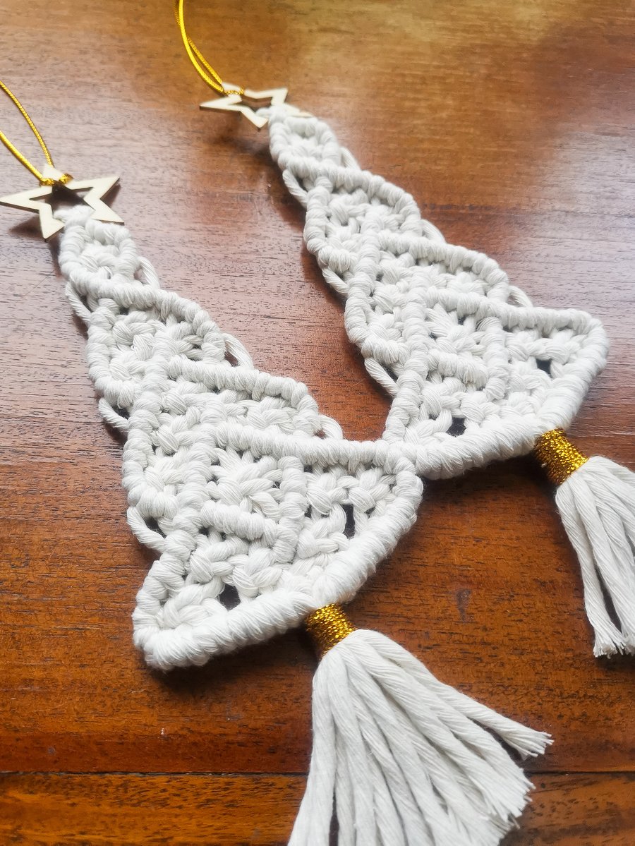 Christmas macrame ornaments, set of 2 Xmas trees, hanging decoration - natural