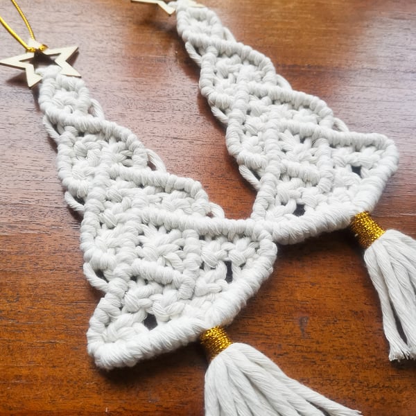 Christmas macrame ornaments, set of 2 Xmas trees, hanging decoration - natural