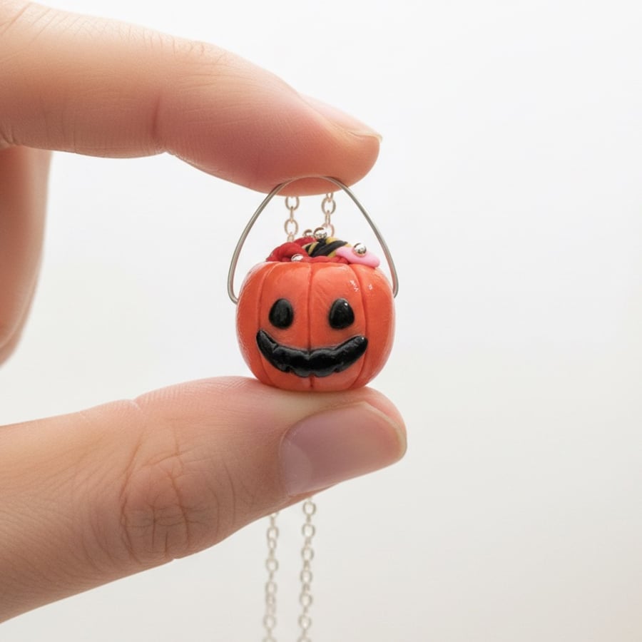 Jack-O'-Lantern Sweet Bucket Necklace, Handmade Polymer Clay Halloween Charm