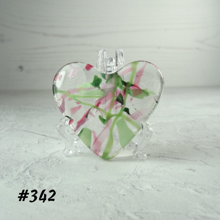 Pink and green heart fused glass pocket hug with stand 5x4.5cm (342)
