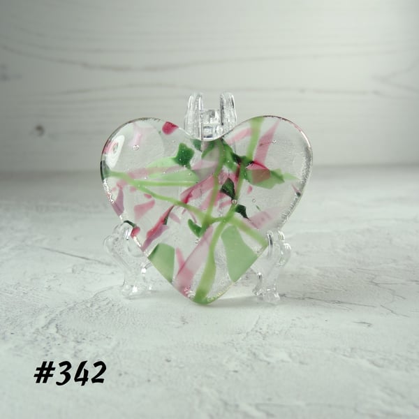 Pink and green heart fused glass pocket hug with stand 5x4.5cm (342)