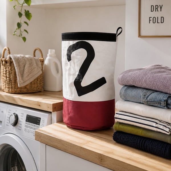 Upcycled Sailcloth Storage Bucket – Handmade Toy Basket with nautical Number 