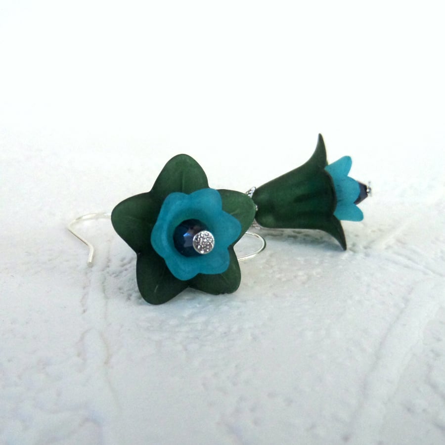 Green & blue flower earrings, handmade earrings