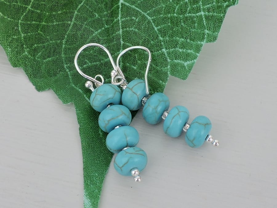 Drop Earrings Turquoise Rondelle Beads with Silver Spacer Beads 