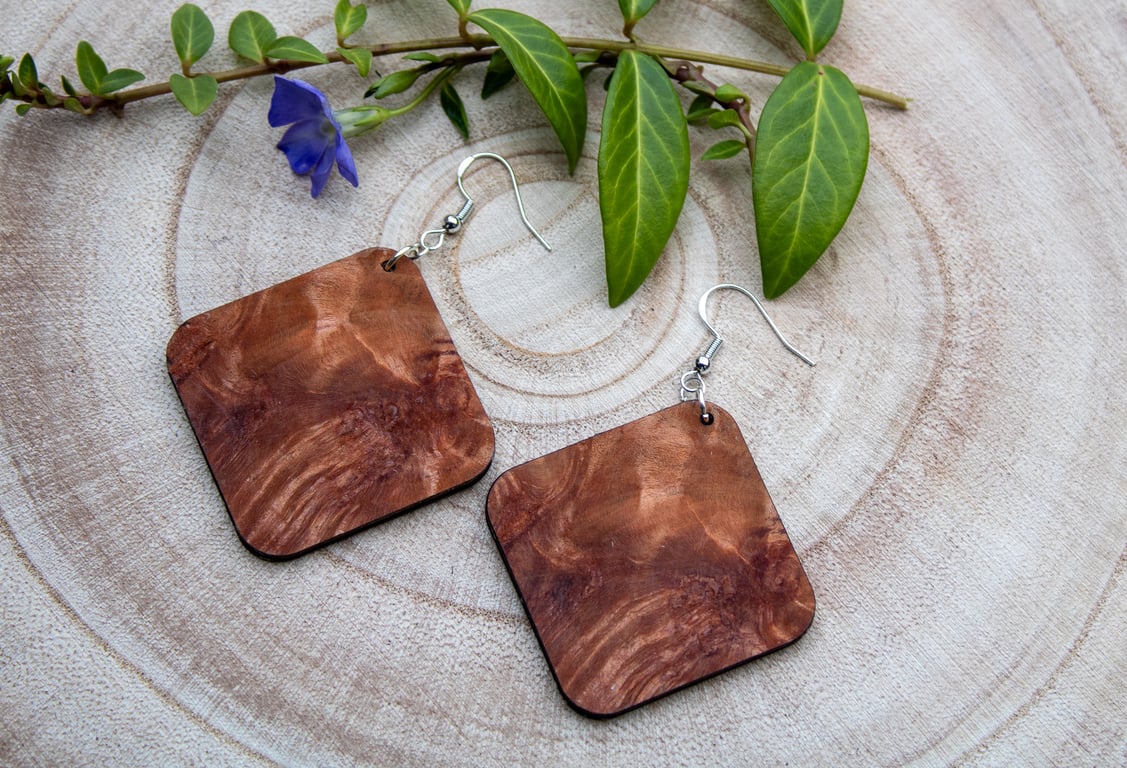 Exotic Wood Burl Square Earrings - Unique Natural Wood Jewellery