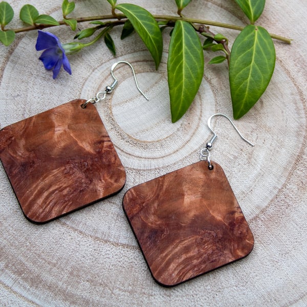 Handcrafted Oak Burl Square Earrings - Unique Natural Wood Jewellery