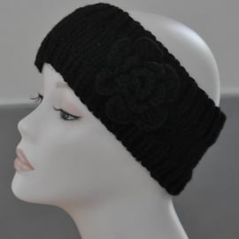Ladies Hand Knitted Headband Ear Warmer Head Band Crochet Flower Black