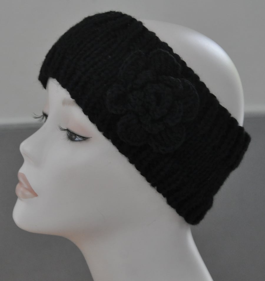 Ladies Hand Knitted Headband Ear Warmer Head Band Crochet Flower Black