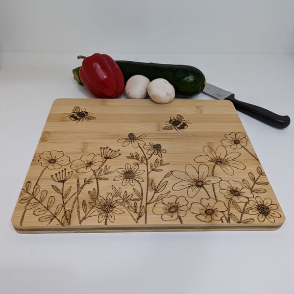 Wooden chopping board, serving board, pyrography bees and flowers, kitchen gift