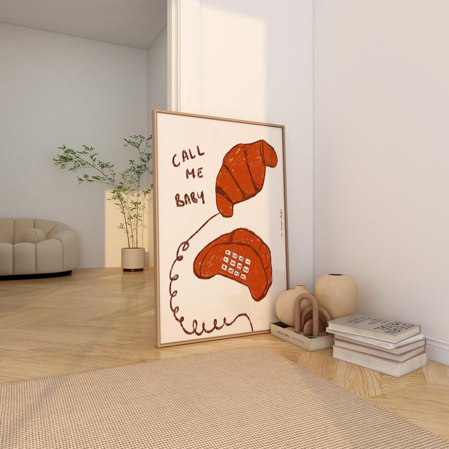 Croissant Phone Art Print Poster, Vintage Food Print, Trendy Retro Print, Fish I