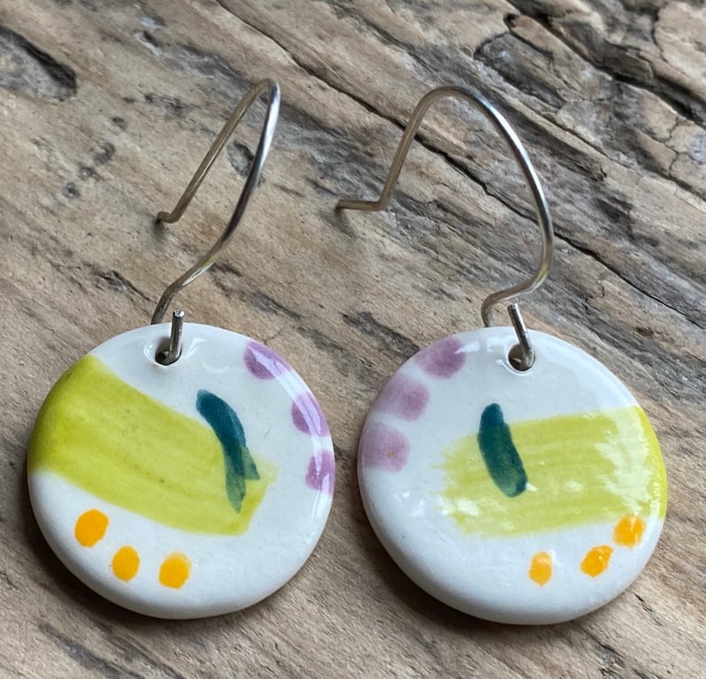 Earrings Dangly handmade Ceramic Lilac and Orange - Sterling Silver 