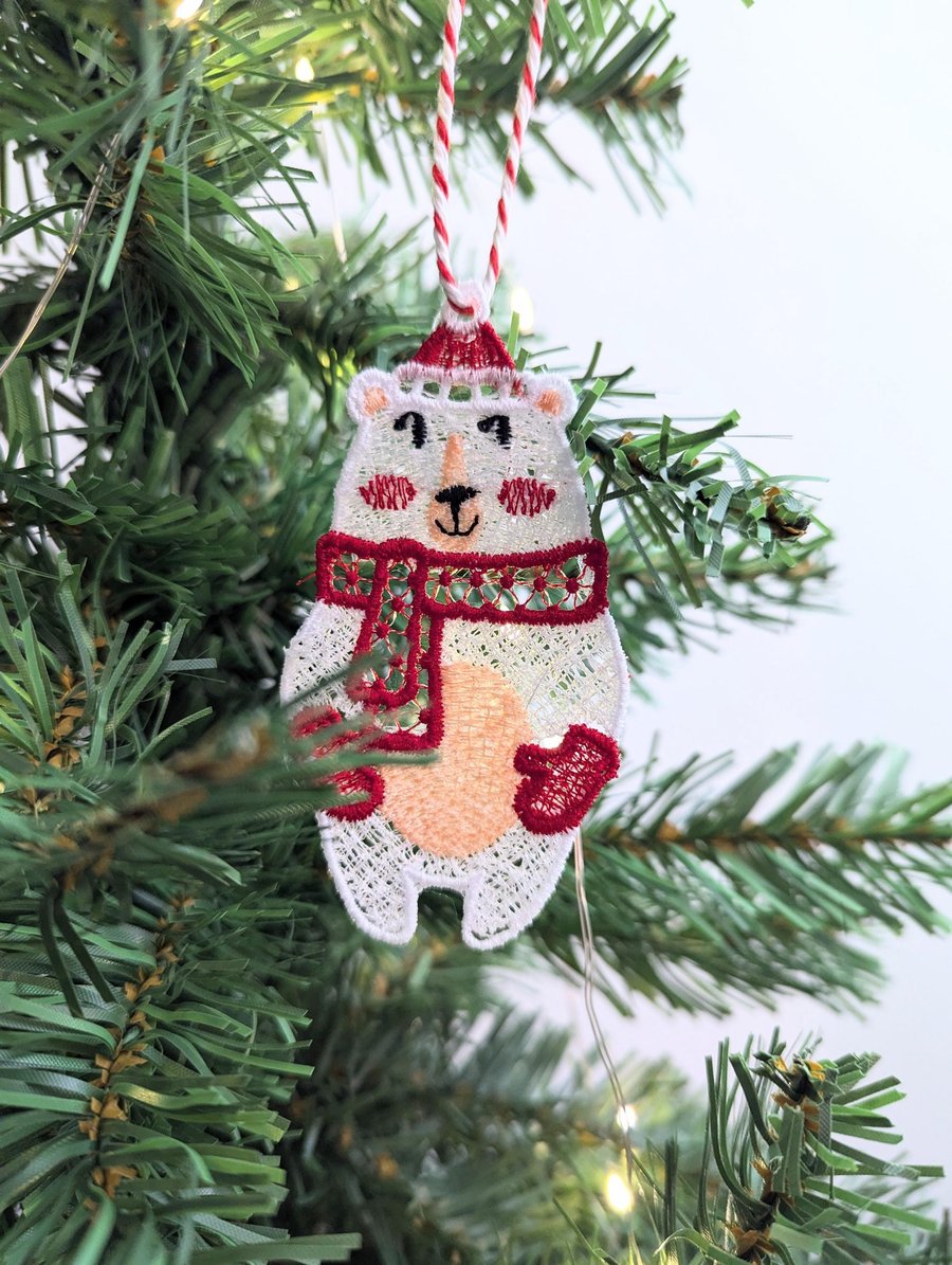 Embroidered Lace Polar Bear Christmas Ornament