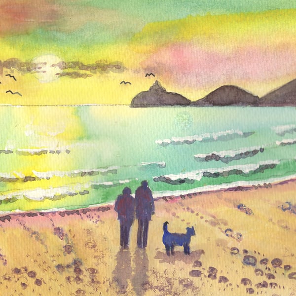 Dog Walk, Swansea Bay, Mumbles, Original Watercolour in 14 x 11'' Mount
