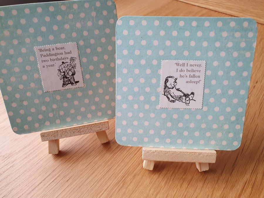 Upcycled Vintage Paddington Bear Stamp - unique coasters Set of 2- One off Gift 
