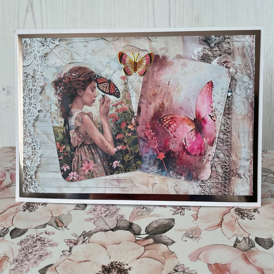 Greeting Card - Whimsy Girl & Butterflies - by Carolee Crafts - C222