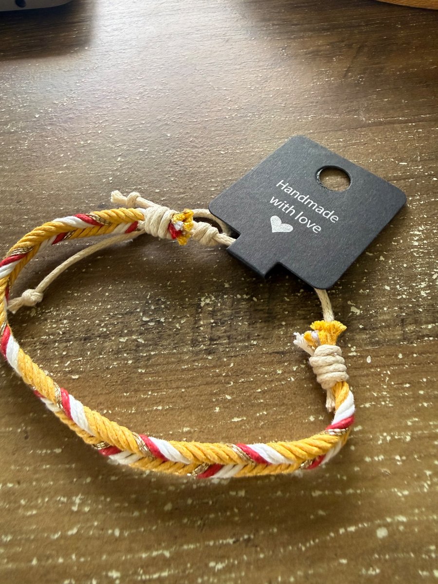 Handmade Yellow, Red & White Braided Cord Bracelet