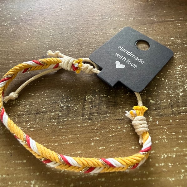 Handmade Yellow, Red & White Braided Cord Bracelet