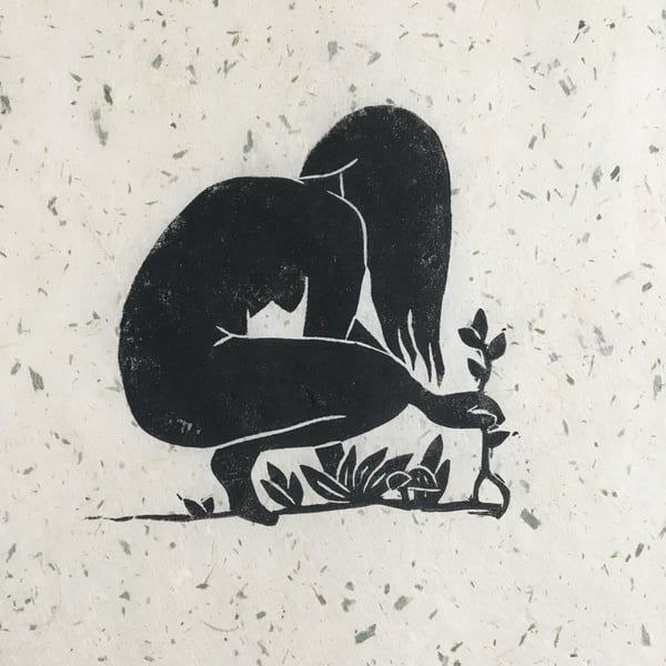 Gatherer, linocut print on handmade paper