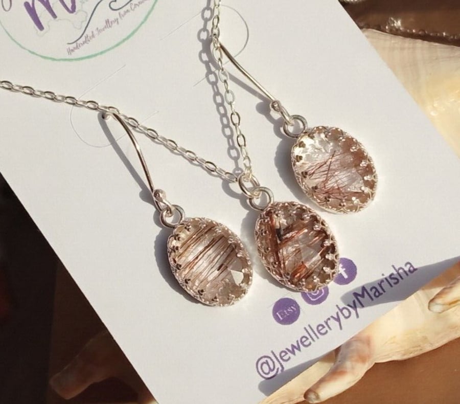 Necklace Earrings Jewellery Gift Set Copper Rutilated Quartz Rose Cut Gemstones