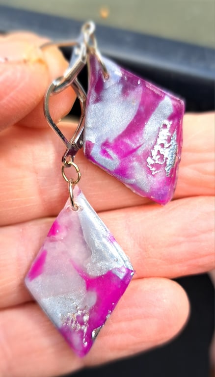 Diamond shaped handmade earrings, purples with silver leaf