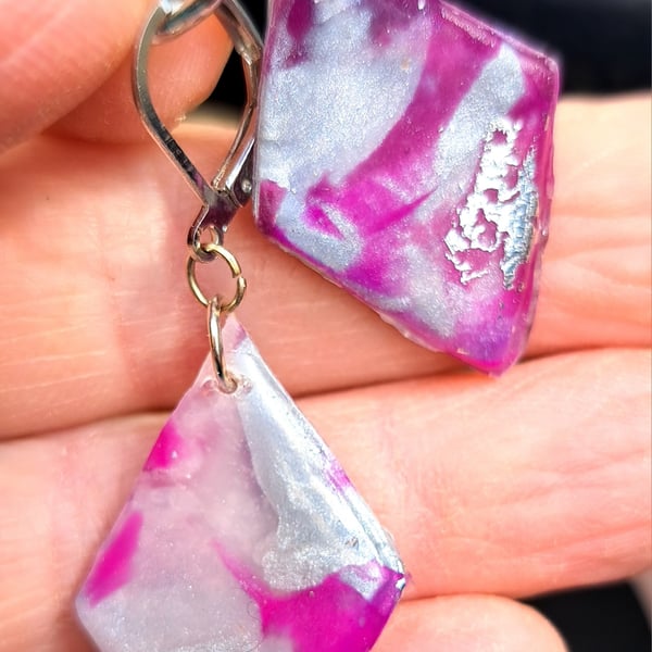 Diamond shaped handmade earrings, purples with silver leaf