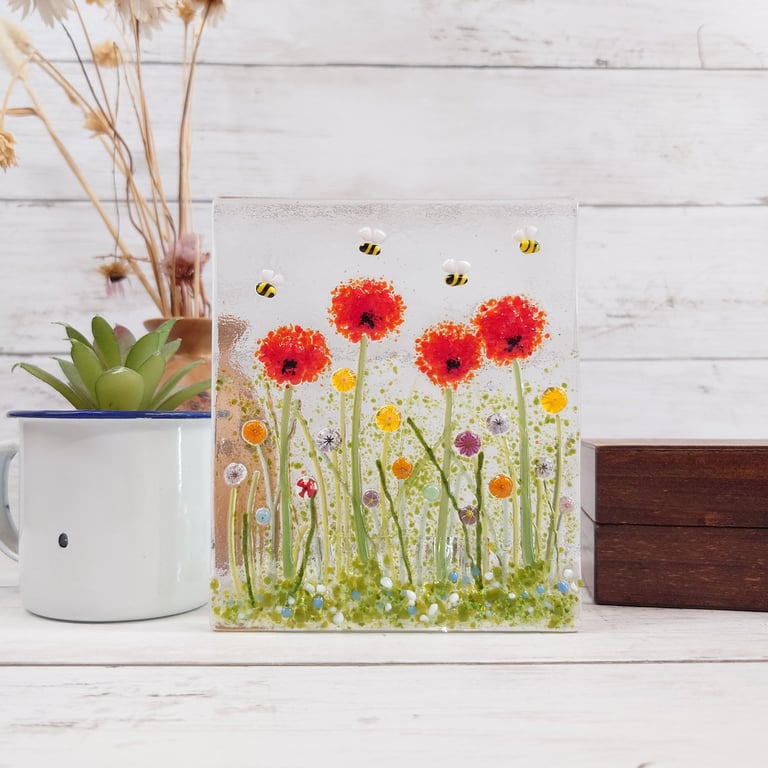 Floral Poppy Meadow Tealight Holder; Freestanding Poppies Picture Tile