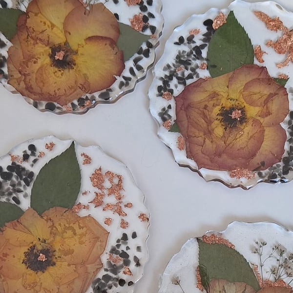 7th Wedding Anniversary Coasters Botanical Copper & Onyx Hand-Pressed Rose Set