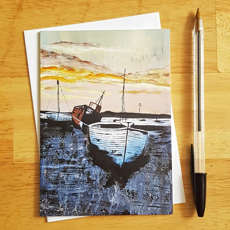 Low Tide Fishing Boat Card - Coastal Acrylic Painting Art Card