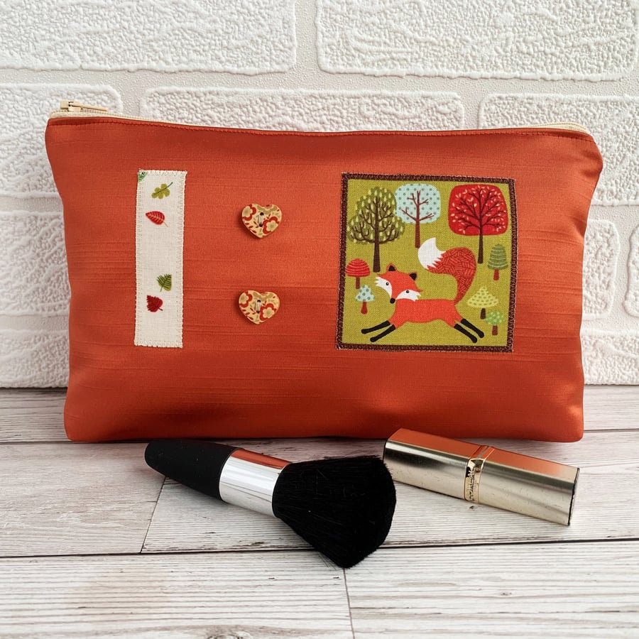 Large Woodland Make Up Bag with Fox, Trees and Mushrooms