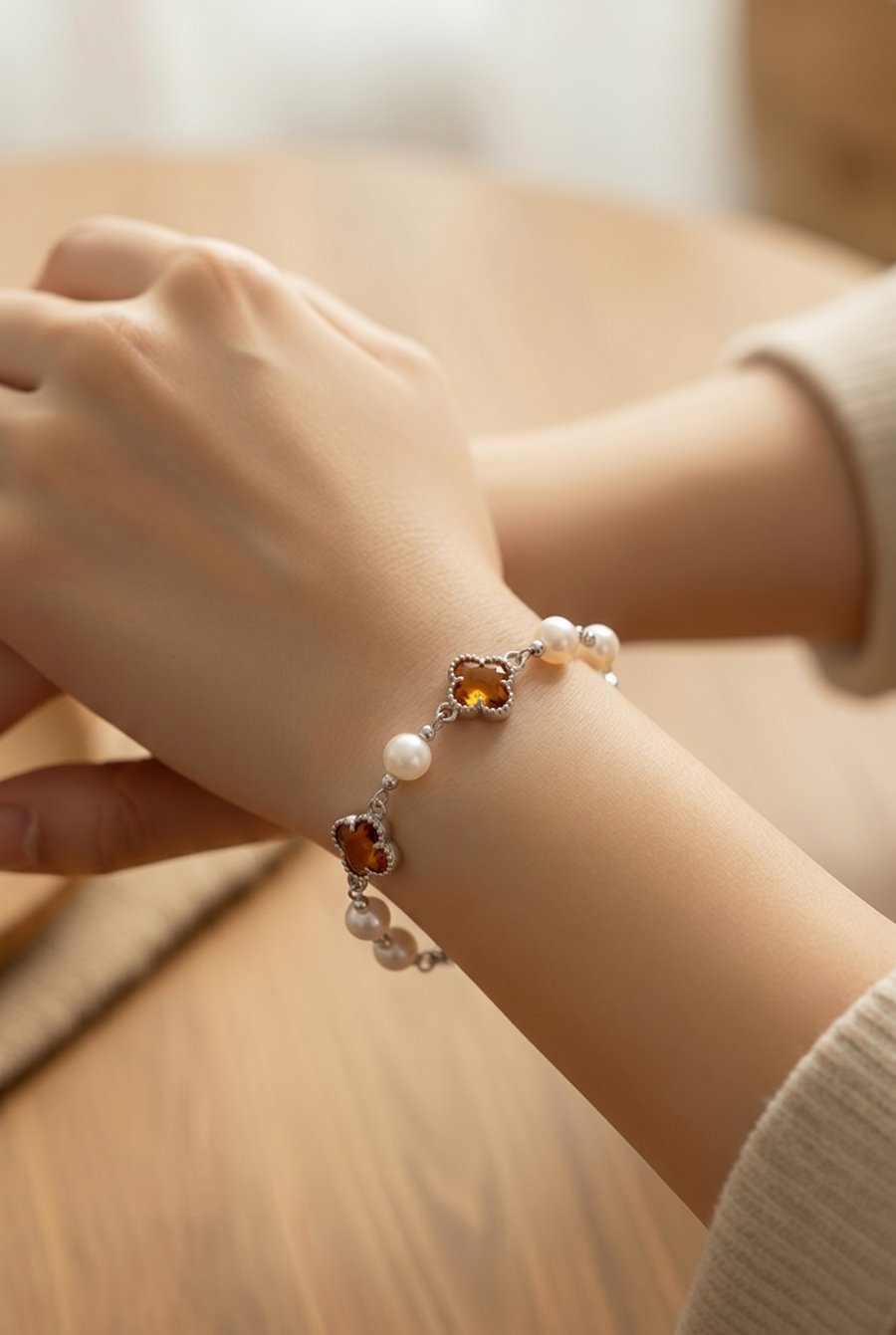 Four leaf Clover and Pearl White Gold Plated Bracelet 