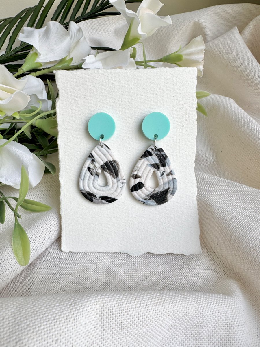 Embossed Teardrop Black and white Polymer clay Earrings 