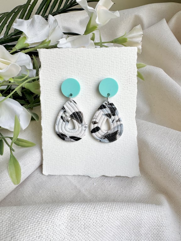 Embossed Teardrop Black and white Polymer clay Earrings 