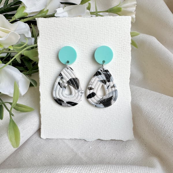 Embossed Teardrop Black and white Polymer clay Earrings 