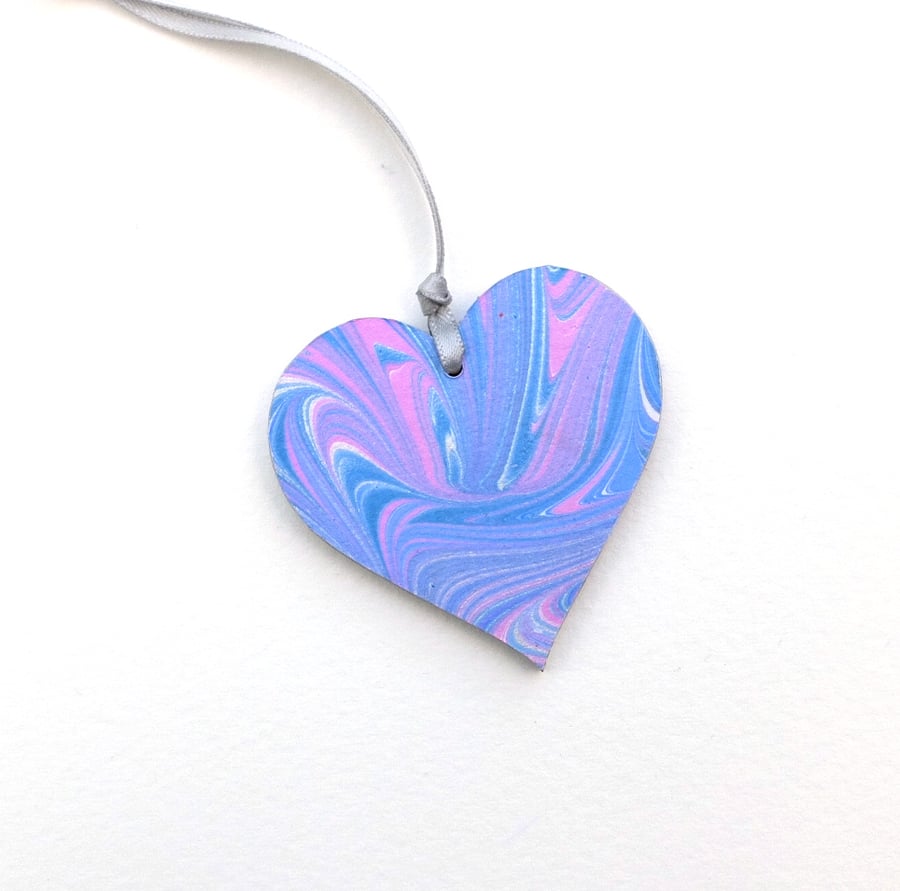 Hand marbled paper heart hanging decoration 