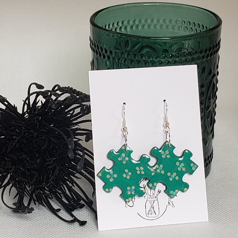 Hand-painted Jigsaw Earrings Resin Coated - Green