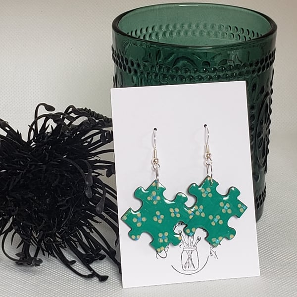 Hand-painted Jigsaw Earrings Resin Coated - Green