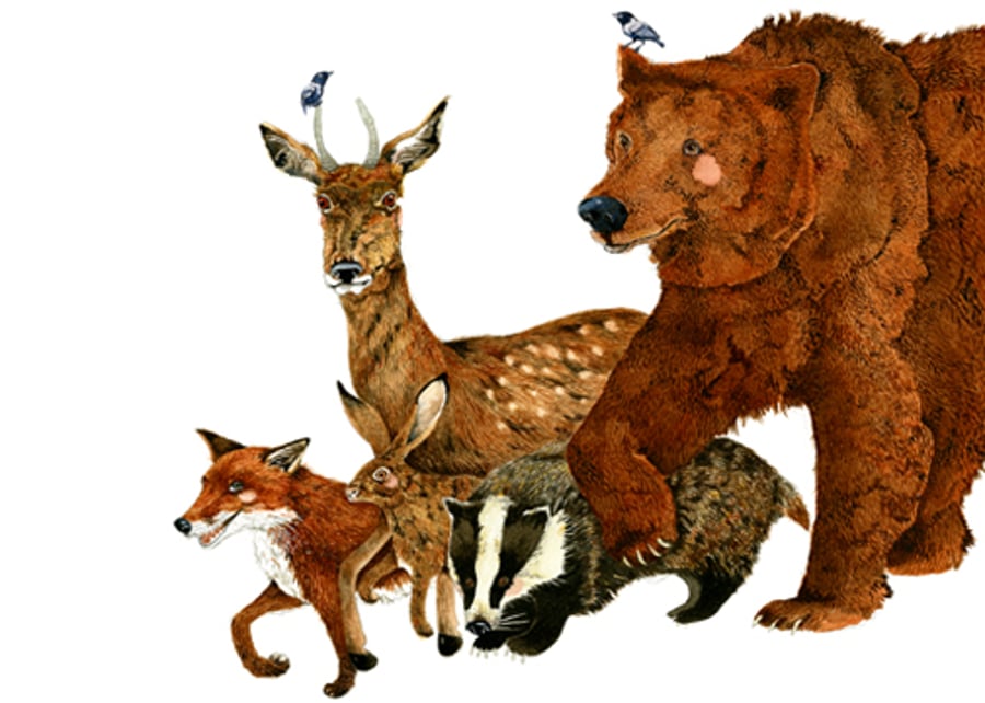Bear, Fox, Deer, Hare and Badger Print. Woodland Creatures Giclee 8x11 print