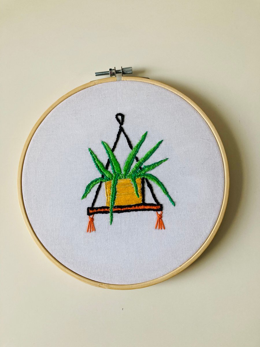 Hand embroidered hoop art picture - hanging plant 