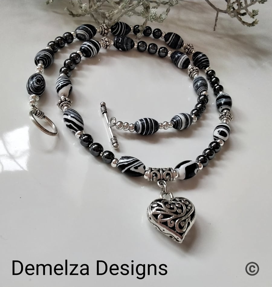 Howlite & Heamotite & Tibetan Silver Love Heart Necklace (HELP A CHARITY)