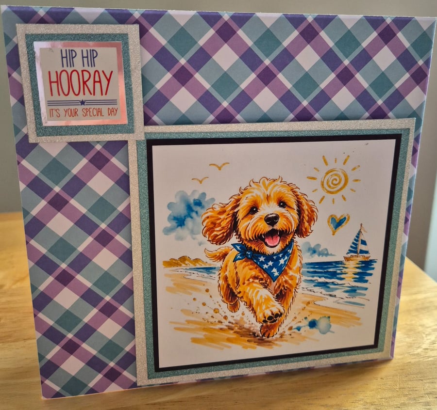 Handmade Birthday Greeting Card with Dog on a beach