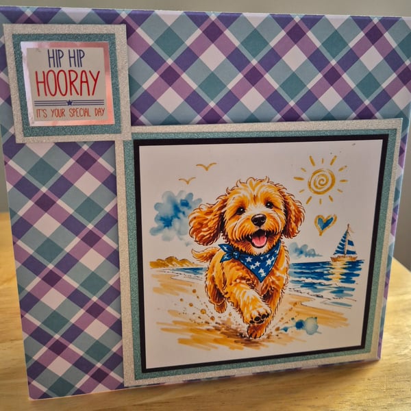 Handmade Birthday Greeting Card with Dog on a beach