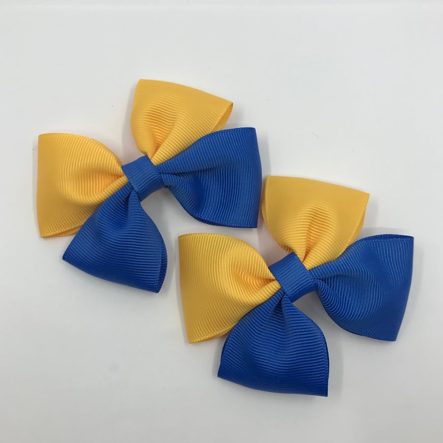 Royal Blue and Yellow Gold Two Tone Double with Bows on Clips (pair)