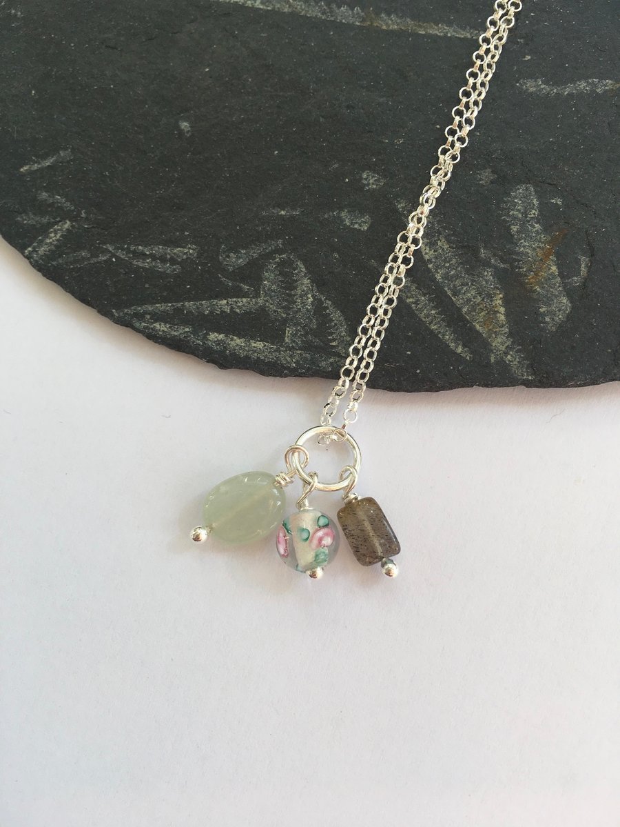 SALE! Semi-precious gemstone and flower bead charm cluster pendant