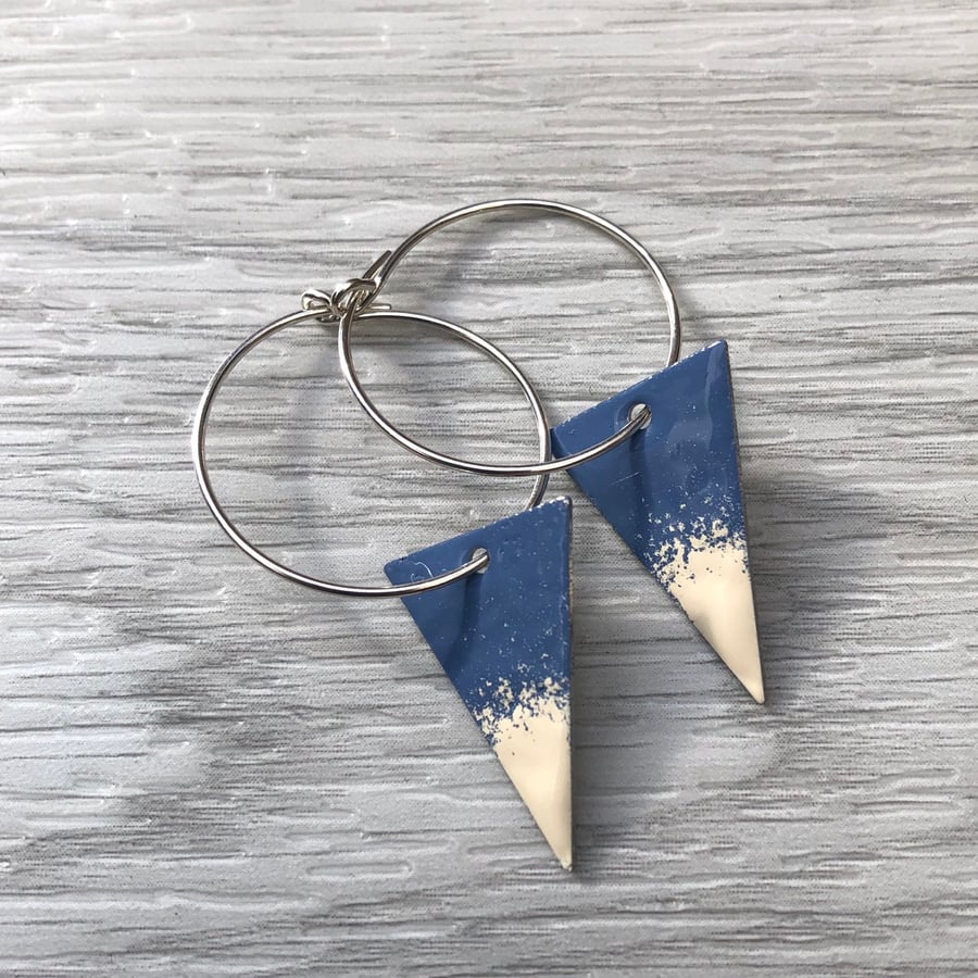 Blue & Cream Glitter Enamel Triangle on Sterling Silver hoop earrings