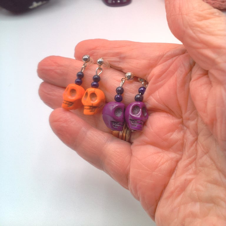 Howlite Skull And Purple and Black Miracle Bead Stud Earrings, Halloween