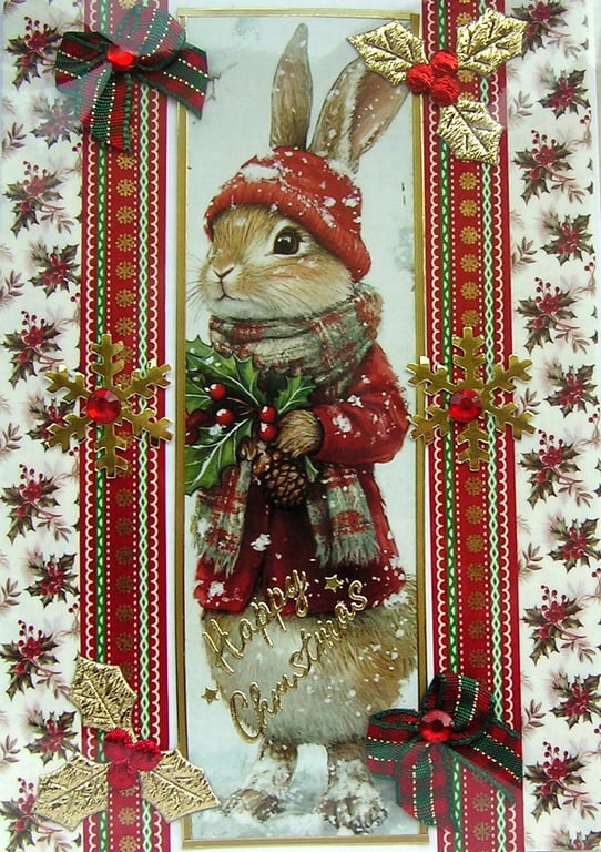 Hand Crafted Decoupage Chistmas Card - Happy Christmas (3213) Cute Bunny Rabbit