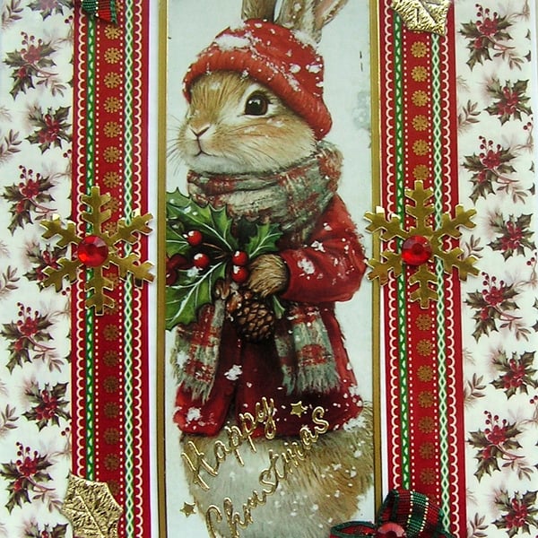 Hand Crafted Decoupage Chistmas Card - Happy Christmas (3213) Cute Bunny Rabbit
