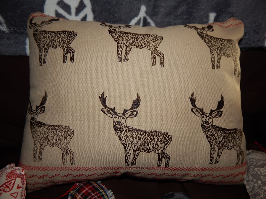 Cream Canvas -6 Stag Cushion (Red stitching) . 33cm x 26cm