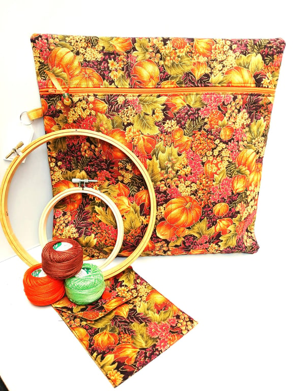 Project Bag, Cross Stitch, Embroidery and Accessory Purse, Autumnal Pumpkins