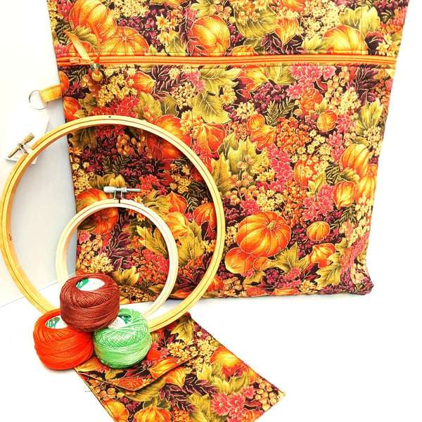 Project Bag, Cross Stitch, Embroidery and Accessory Purse, Autumnal Pumpkins